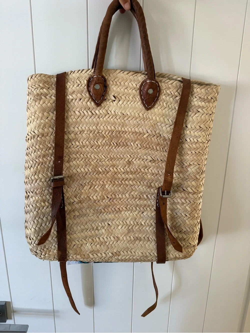 Woven Straw Tote Backpack with Brown Leather Straps
